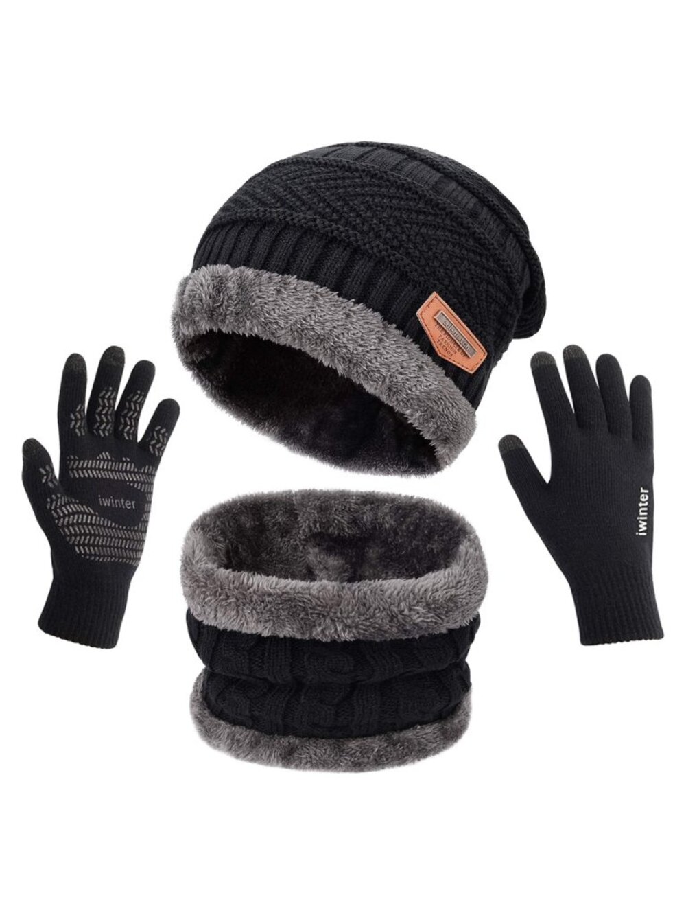 Knit Beanie Neck Warmer Touch Screen Gloves Set Fleece Lined 3 Pc Winter